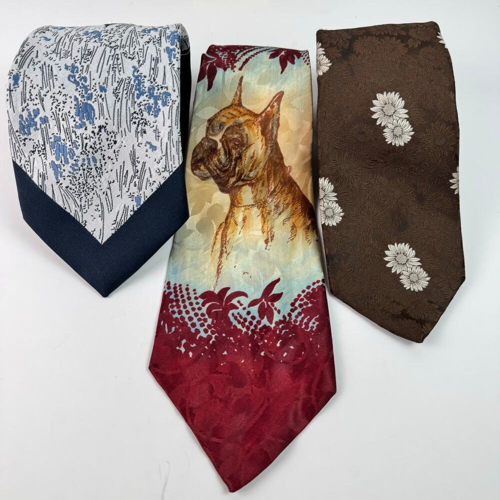 Vintage Novelty Necktie Lot of 3 Boxer Dog Floral Britannia Mens Ties Retro